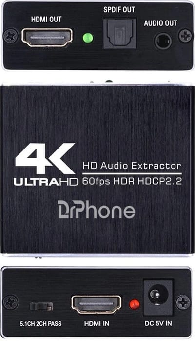 DrPhone ARC4 HDMI Audio Extractor 4K@60HZ - CEC - HDMI naar HDMI met Optical TOSLINK SPDIF + 5.1/2CH + 3.5mm Audio Converter - HDMI 2.0 / HDCP 2.2 /HDR10 - Zwart