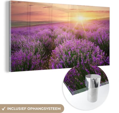 MuchoWow® Glasschilderij 40x20 cm - Schilderij acrylglas - Lavendel - Zon - Bloemen - Foto op glas - Schilderijen