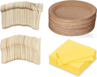 400 x stuks x Houten wegwerp bestek set bio/eco/milieubewust - 100 Vorken/ 100 messen/100 borden + 100 bio servetten geel 33x33cm