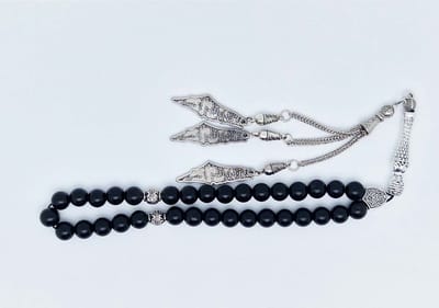 Handgemaakte tesbih klassiek - "Tasbih" natuursteen " Obsidian " - Aantal kralen 33 - Diameter kralen 8 MM - met metaal tassel "Palestina" - Een mooi cadeau-idee