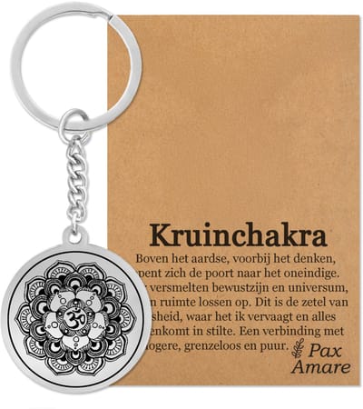 Kruin Chakra (Sahasrara) Sleutelhanger op Cadeau Kaartje - Zilverkleurig Talisman - Roestvrij Staal - Spiritueel Cadeau - Pax Amare