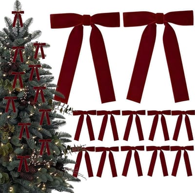 12 Bordeaux Rode Fluwelen Strikken voor Kerstboom – Decoratieve Ribbons voor Feestelijke Versiering en Thuisdecoratie