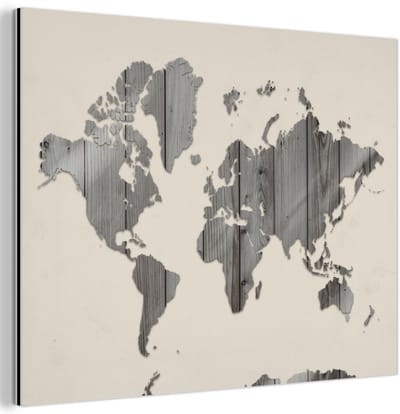 Aluminium schilderij 80x60 cm - Wanddecoratie metaal - Wereldkaart - Hout - Plank - Metalen muurdecoratie woonkamer - Decoratie industrieel - Foto op dibond - Industriële accessoires slaapkamer