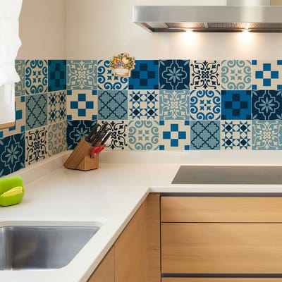 Zelfklevende tegelmuurstickers voor keuken en badkamer - 9 cementtegelstickers, Azulejos-stijl, Sofina - 9 stickers, 10x10 cm