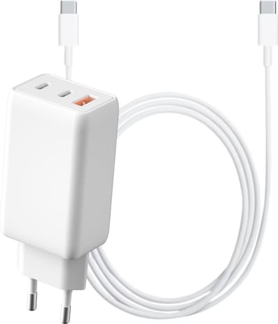 65w GaN 3 Poorten usb C Power Adapter met Rubberen usb C naar usb C Kabel 3 Meter Lang - Super Fast Charger 3.0 - 30% Kleiner