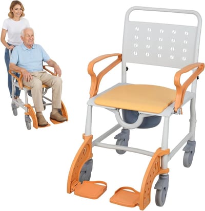 Douchestoel op wielen - Commode stoel - Ondersteuning bij baden - 4-in-1 multifunctioneel - 159 kg capaciteit - Oranje