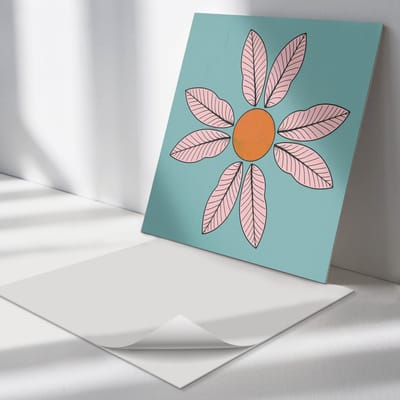 Wallfluent Vinyl Tegels - Een Bloem met Bladeren en Zon Zelfklevende PVC Tegels - 30 cm x 30 cm - Turkoois Vinyl Tegels - 9 stuks - Vierkant PVC Tegels - Bloemen En Planten Plaktegels - Vinyl Vloer Tegels - Plaktegels Keuken en Badkamer