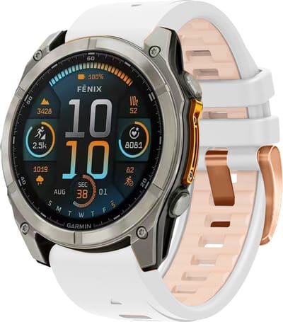 Stravo Dubbelkleurige Siliconen bandje in Fenix 8 Stijl - Rosé goud-Wit/Khaki - voor Garmin Fenix 5s - Plus & Sapphire - Fenix 6s - Pro & Sapphire - Garmin Fenix 7s / Fenix 8 - 43mm Quickfit 20mm band voor Garmin smartwatches - Horlogebandje