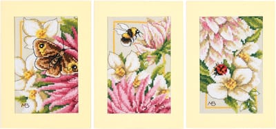 Lanarte Borduurpakket - Borduurset - Borduurpakket volwassenen - Telpakket - 10.5 x 15cm - Wenskaart kit - Roze dahlia - Marjolein Bastin - Set van 3 - PN-0221133
