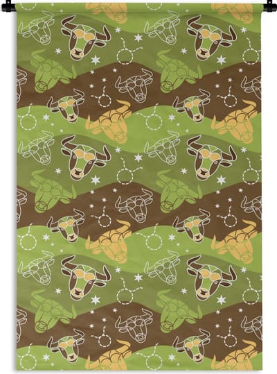 Wandkleed - Wanddoek - Stier - Zodiac - Groen - Patroon - 120x180 cm - Wandtapijt