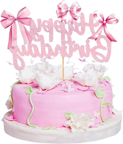 Dailygoods- Taarttopper Roze - Strik Taartdecoratie - Verjaardagsdecoratie - Eetbaar Houten Stokje - Hoogwaardig Karton - 15,24cm x 25,40cm