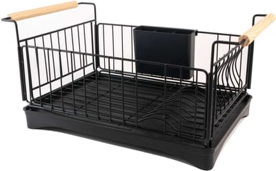 Intirilife Afdruiprek roestvrij staal voor servies met lekbak in Zwart - 50 x 29 x 23.5 cm - Met houten handvatten besteklade opvangbak voor water met afvoer