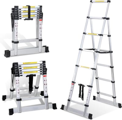 Telescopische Ladder - Vouwtrap Opvouwbaar - Klusjes Binnen Buiten - Automatisch Vergrendelende Sporten - 1.7+2M - Zilver