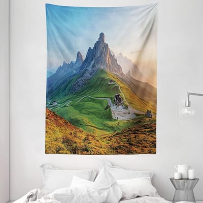 ABAKUHAUS Natuurtapijt, Zonsopgang in Dolomieten, Woonkamer Slaapkamer Wanddoek Zijdezacht Satijn Tapijt, 150 x 200 cm, Varengroen Meerkleurig