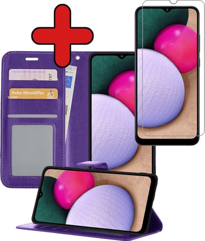 Hoesje - Met Screenprotector - Geschikt voor Samsung Galaxy A02s - Luxe Pasjeshouder - Flipcase - Bookcase Portemonee - Flip Case - Kunstleer Book Case - Book Cover - Walletcase - Portemonneehoes - Telefoonhoes - Paars