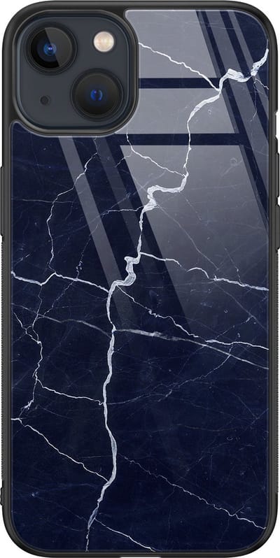 Hoesje geschikt voor iPhone 13 - Marmer kobaltblauw - Luxe Glazen Hardcase - Marmer - Blauw - Leuke Telefoonhoesjes