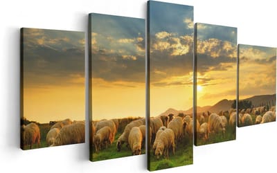 Artaza Canvas Schilderij Vijfluik Kudde Schapen op het Gras bij Zonsondergang - 100x50 - Foto Op Canvas - Canvas Print