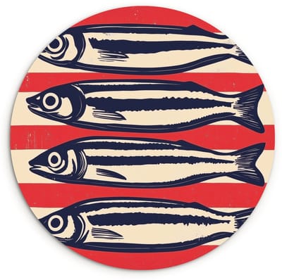 WallCircle® Wandcirkel 120x120 cm - Muurcirkel Sardines - Rood en beige strepen - Muurdecoratie woonkamer - Wanddecoratie slaapkamer - Kamer decoratie accessoires - Ronde schilderijen XXL