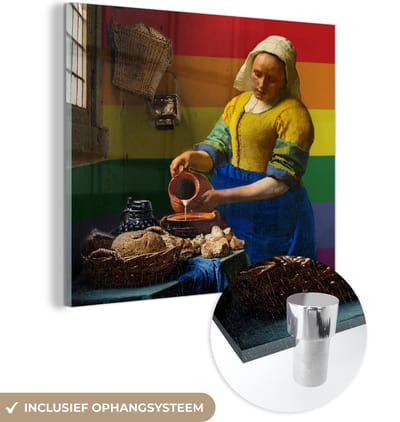 MuchoWow® Glasschilderij 50x50 cm - Schilderij acrylglas - Melkmeisje - Vermeer - Pride vlag - Foto op glas - Schilderijen