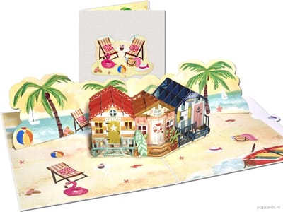Popcards pop-up kaart – Vrolijk Strand met Kleurrijke Huisjes Zomervakantie pop-up kaart 3D wenskaart