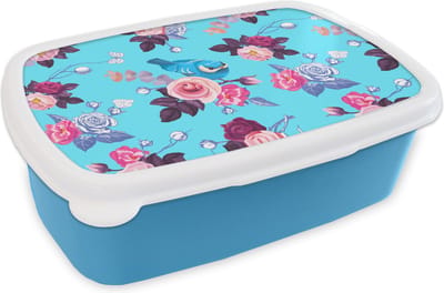 Broodtrommel Blauw - Lunchbox - Brooddoos - Vogel - Bloemen - Patronen - 18x12x6 cm - Kinderen - Jongen