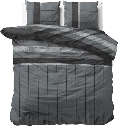 Lits-jumeaux flanellen dekbedovertrek (dekbed hoes) antraciet grijs gestreept (strepen / banen) met subtiel brei motief / patroon FLANEL tweepersoons 240 x 220 cm (warm en zacht voor de winter)