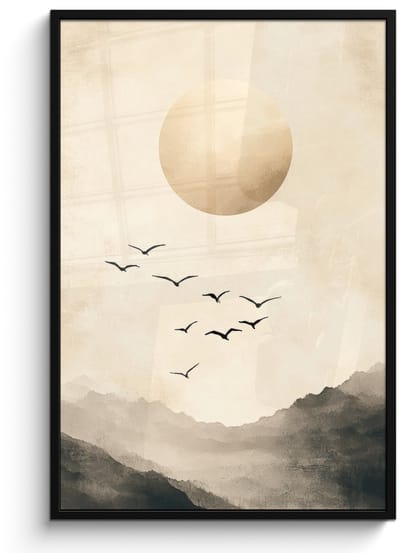 Poster in lijst - Fotolijst 80x120 cm - Posters - Landschap - Japandi - vogel - Posterlijst zwart - Decoratie - Wanddecoratie woonkamer - Muurdecoratie slaapkamer