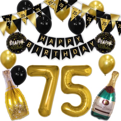Q2P - 75 Jaar - Verjaardag Versiering - Helium Ballonnen - Feest Pakket - Happy Birthday - Versiering - Zwart & Goud
