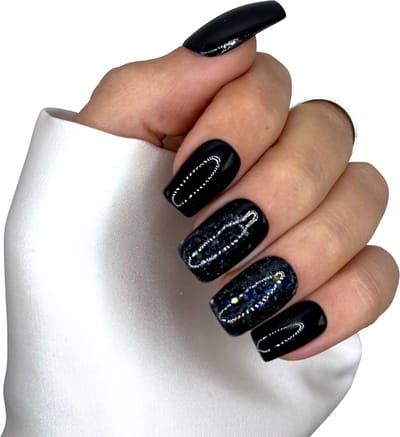 Press on Nails - Zwarte Glitter Plaknagels - Medium Square Tips - Nepnagels met Lijm - SD Press on Nails - Set No. 77 Black Magic - Zwart Glitter