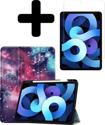 Hoesje - Geschikt voor Apple iPad Air 4 (2020) - 10.9 inch - 4e Generatie - Met Screenprotector - Trifold Bookcase Hoes - Hard Cover Case - Met Uitsparing Geschikt voor Apple Pencil - Hardcover Book - Tablethoes - Galaxy
