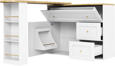 Draaibare Bartafel met 360° Plateau - Uitklapbaar 138→204 cm - Met Snackrek & Opberg - Wit Metalen Handvatten