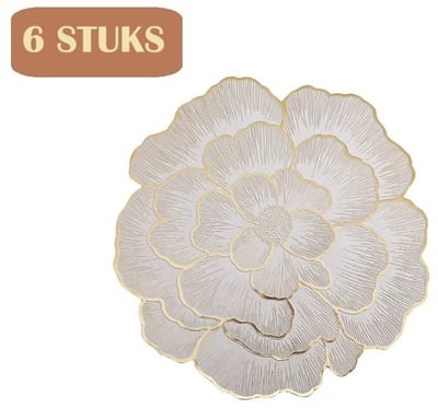 6 Stuks - Ronde Placemat met Bloemdesign – Goud/Wit – Antislip - PVC – Ø38 cm – Bloem placemat - Gouden Placemat - Luxe Tafeldecoratie