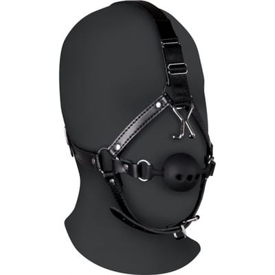 Hoofdharnas met ademende ball gag en neus haken - Zwart