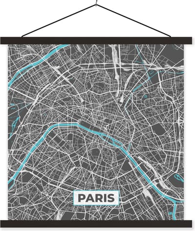 Posterhanger incl. Poster 60x60 cm - Schoolplaat - Parijs - Stadskaart - Frankrijk - Kaart - Plattegrond - Textielposter - Zwarte latten - Stadskaart