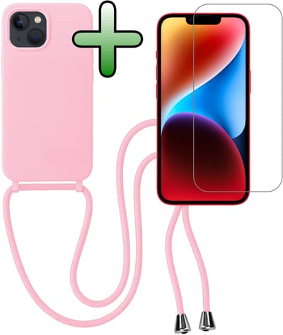 Hoes Geschikt voor iPhone 13 Mini Hoesje Met Koord Met Screenprotector - Telefoonhoesje Geschikt voor iPhone 13 Mini Backcover Met Afneembaar Koord - Lichtroze