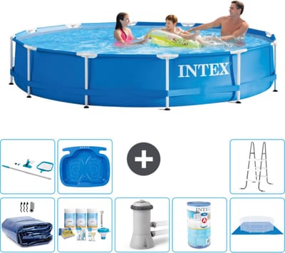 Intex Rond Frame Zwembad - 366 x 76 cm - Blauw - Inclusief Solarzeil - Onderhoudspakket - Zwembadfilterpomp - Filter - Grondzeil - Schoonmaakset - Ladder - Voetenbad - 9-delig
