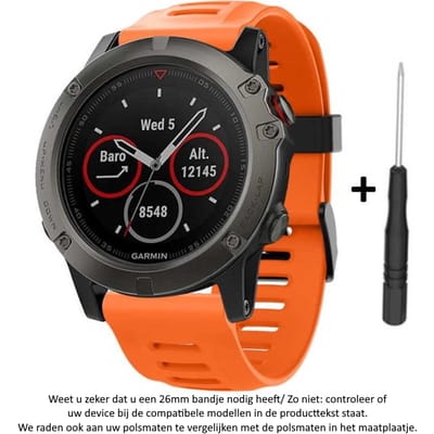 Oranje Siliconen Horlogebandje 26mm geschikt voor Garmin Fenix 3 / 3 HR / 3 Sapphire, Garmin Fenix 5x, Garmin D2 & Garmin Quatix 3 – NIET Quickfit Compatibel – 26 mm orange smartwatch strap - band - Maat: zie maatfoto