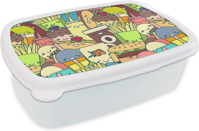 Broodtrommel Wit - Lunchbox - Brooddoos - Kawaii - Patronen - Fast Food - 18x12x6 cm - Volwassenen