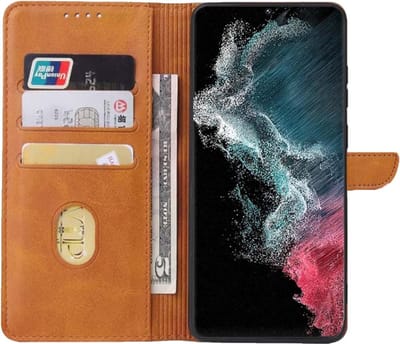 Geschikt voor Samsung Galaxy S22 Ultra Telefoonhoesje Kunstleer met Magnetisch lipje en Pasjeshouder Book Case met Klepje - Bruin - Smartphonica geschikt voor Samsung Galaxy S22 Ultra