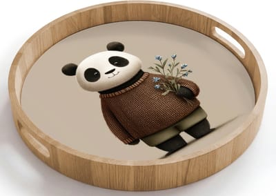 Dienblad rond 40x40 cm - Schootdienblad hout - Panda - Blauwe bloemen - Zachtheid - Borrelplank rechthoek - Plateau houten dienbladen