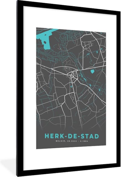 Fotolijst incl. Poster - Plattegrond – Herk de Stad – Blauw – Stadskaart - Kaart - 60x90 cm - Posterlijst