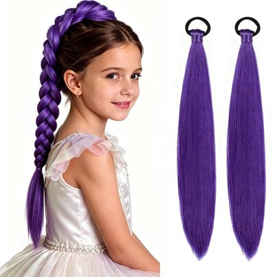 Aomig Paarse paardenstaart-extensie, kleurverloop, met haarelastiek, glad haar, paarse haarstrengen voor dames, kinderen, meisjes, haarstrengen om haar in te vlechten haar voor feest, festival, cadeau