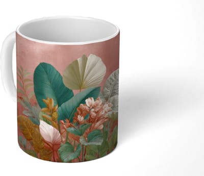 Mok - Koffiemok - Tropische bladeren - Bloemen - Roze - groen - Mokken - 350 ML - Beker - Koffiemokken - Theemok