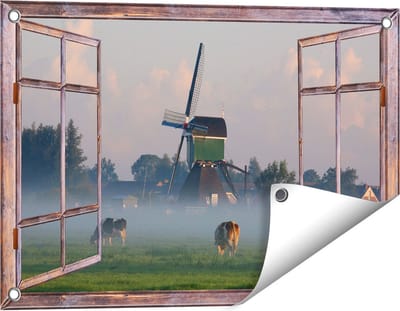 Gards Tuinposter Doorkijk Landschap met Koeien - 60x40 cm - Tuindoek - Tuindecoratie - Wanddecoratie buiten - Tuinschilderij