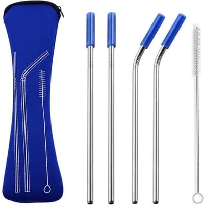 Fako Bijoux® - RVS Rietjes - Herbruikbaar -  4 Stuks - 2 x Recht & 2 x Gebogen - 21 cm - 1 Schoonmaakborsteltje - Neopreen Etui - Donkerblauw