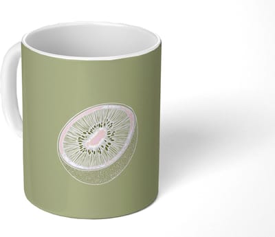 Mok - Koffiemok - Kiwi - Lijntekening - Minimalistisch - Groen - Mokken - 350 ML - Beker - Koffiemokken - Theemok