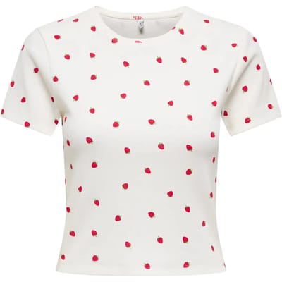 Only T-shirt Onlfenja S/s Aop Top Jrs Noos 15347986 Cloud Dancer/strawberry Dames Maat - L