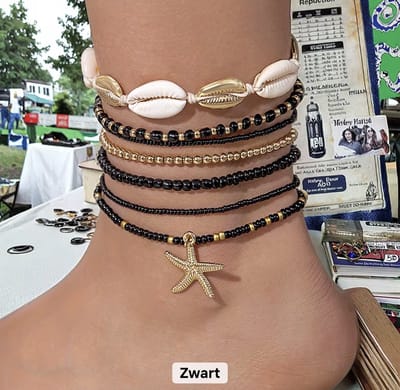 12Getit Enkelbandje - Armbandje met zwarte kralen schelpen en zeester