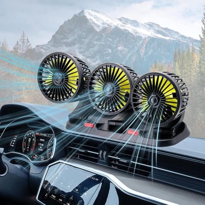 SnelShoppen - 12V Auto Ventilator met 360° Draaiende Zuignap, Driehoofdige Ventilator voor Auto, Truck, 2 Snelheden, Ideaal voor Reis, Kamperen en Zom