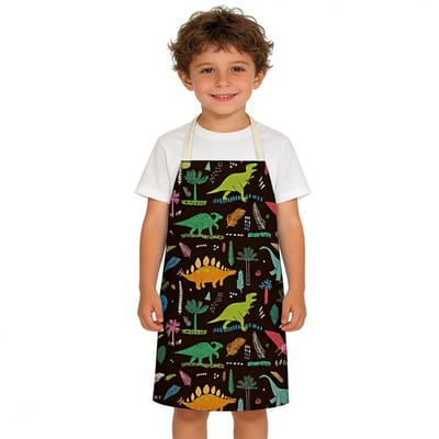 Kinderschort met cartoonprint - Dinosaurusschort - Schilderschort voor kinderen - Geschikt voor koken en schilderen in de keuken - Aanbevolen voor jongens en meisjes met een lengte van 90-135 cm (gewicht onder 70 kg)